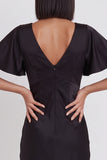 Simple Black Satin V-Neck Flare Sleeves Midi Cocktail Dress