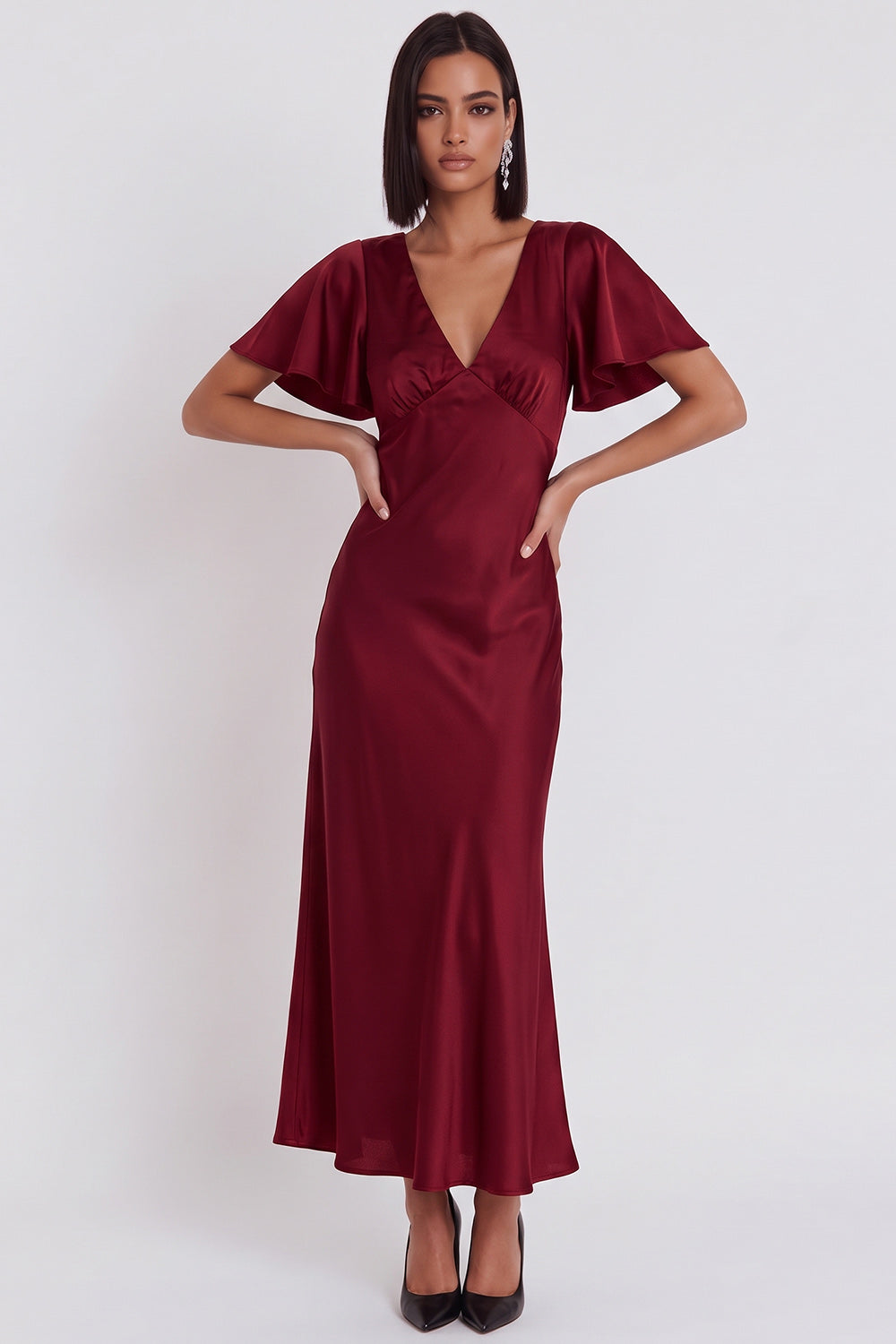 Simple Black Satin V-Neck Flare Sleeves Midi Cocktail Dress