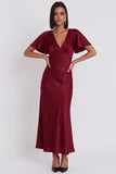 Simple Black Satin V-Neck Flare Sleeves Midi Cocktail Dress