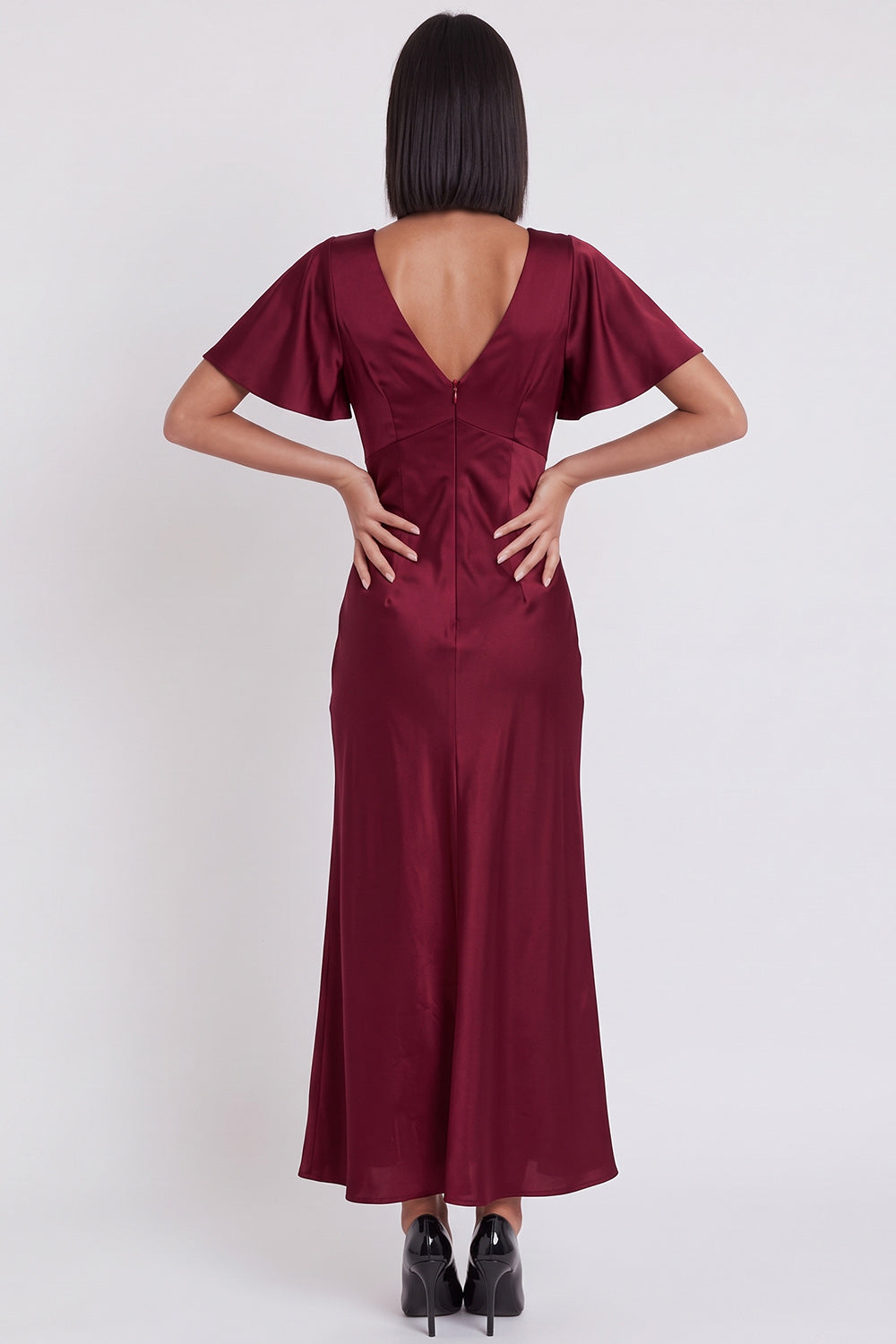 Simple Black Satin V-Neck Flare Sleeves Midi Cocktail Dress