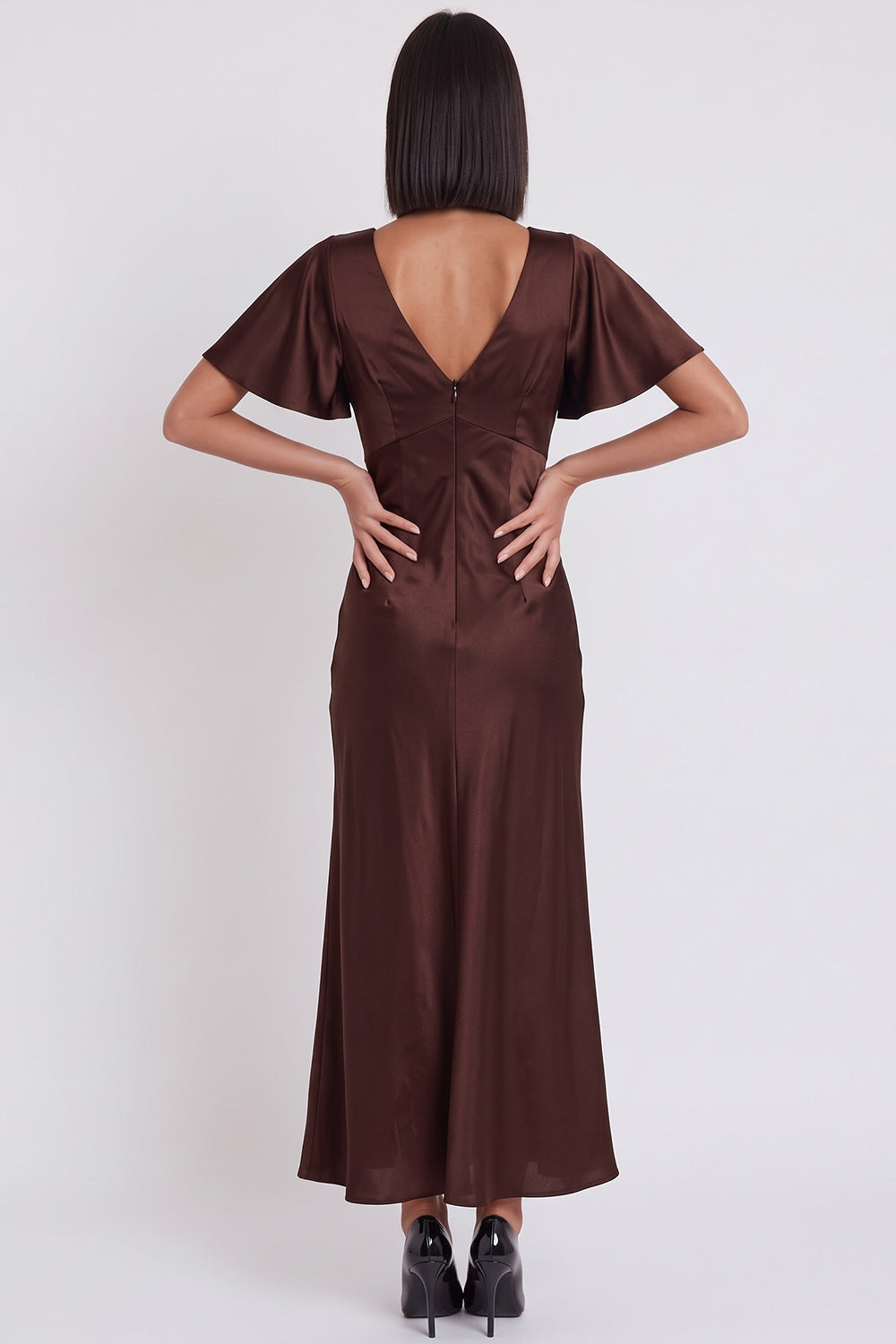 Simple Black Satin V-Neck Flare Sleeves Midi Cocktail Dress