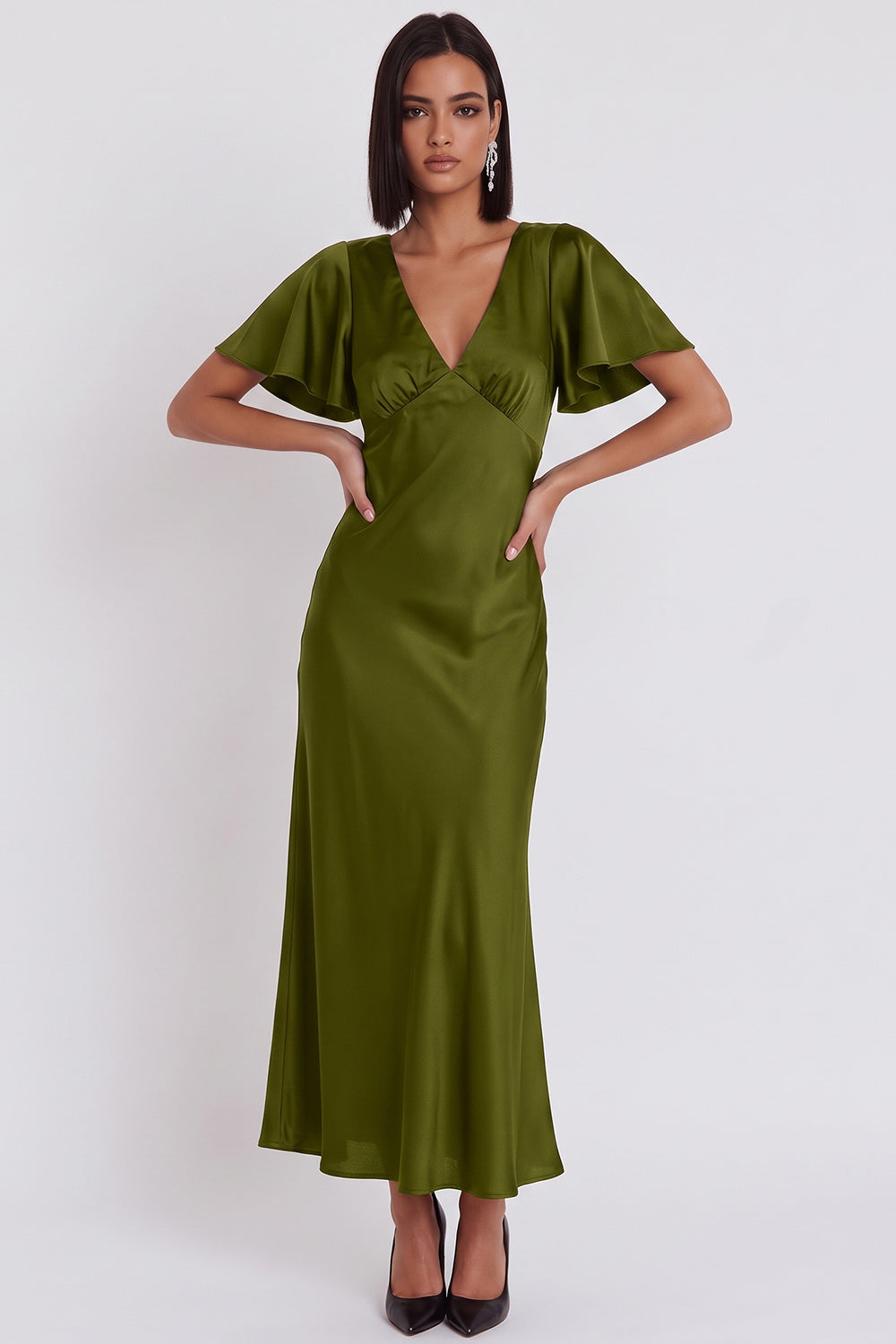Simple Black Satin V-Neck Flare Sleeves Midi Cocktail Dress
