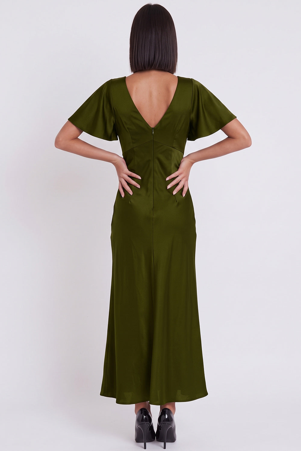 Simple Black Satin V-Neck Flare Sleeves Midi Cocktail Dress