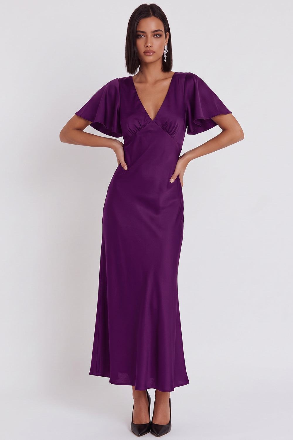 Simple Black Satin V-Neck Flare Sleeves Midi Cocktail Dress
