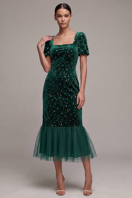 Sparkly Dark Green Square Neck Ruffled Velvet Midi Holiday Party Dress with Sleeves