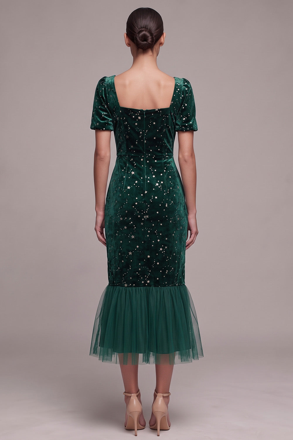 Sparkly Dark Green Square Neck Ruffled Velvet Midi Holiday Party Dress with Sleeves