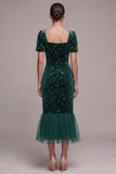 Sparkly Dark Green Square Neck Ruffled Velvet Midi Holiday Party Dress with Sleeves