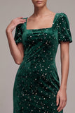 Sparkly Dark Green Square Neck Ruffled Velvet Midi Holiday Party Dress with Sleeves