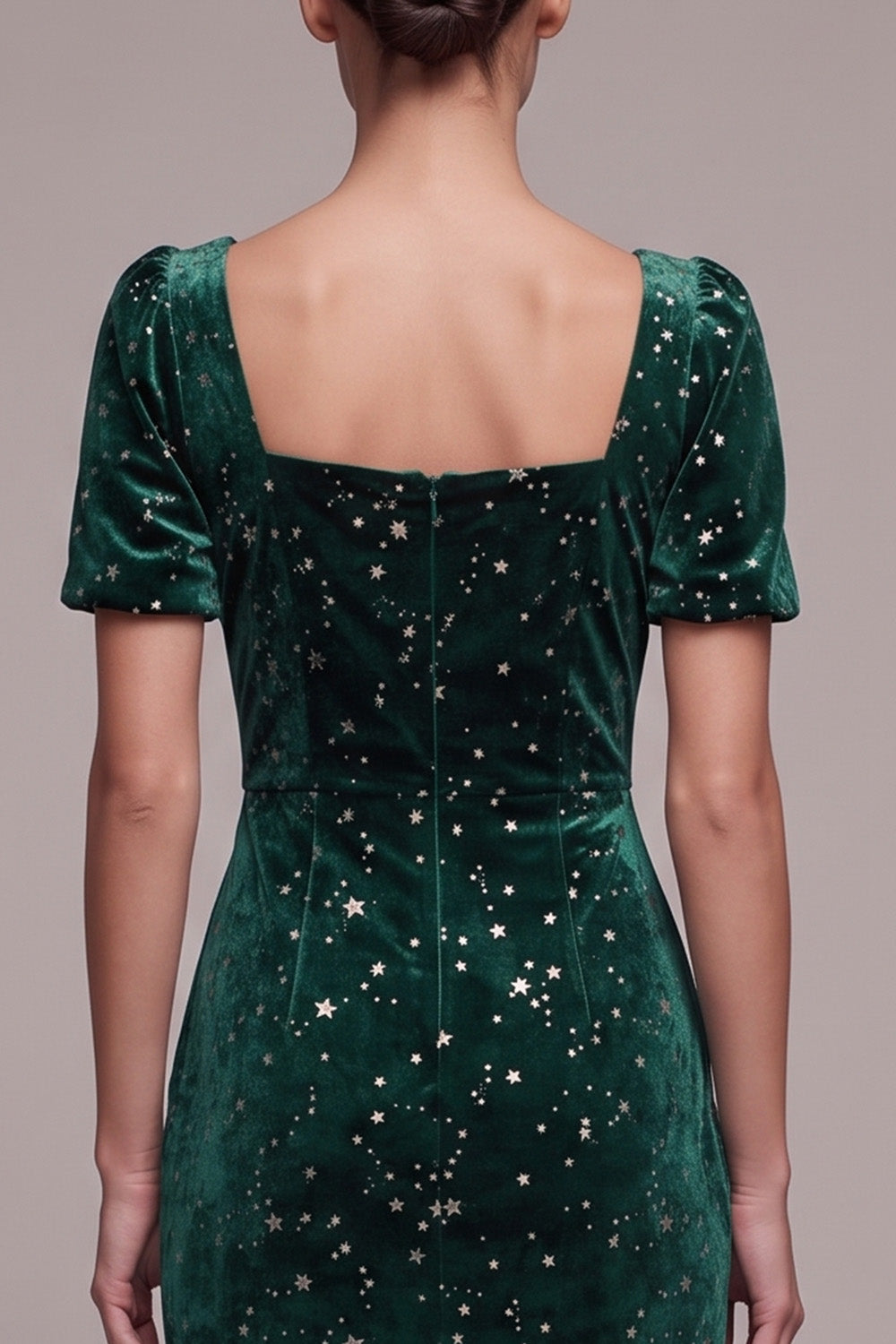 Sparkly Dark Green Square Neck Ruffled Velvet Midi Holiday Party Dress with Sleeves