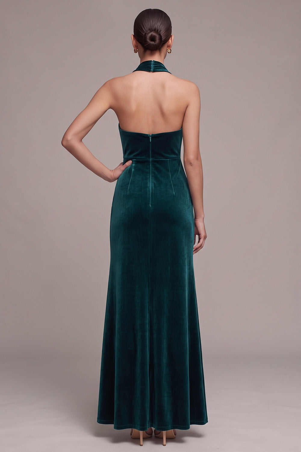 Halter Sheath Peacock Velvet Backless Long Holiday Party Dress