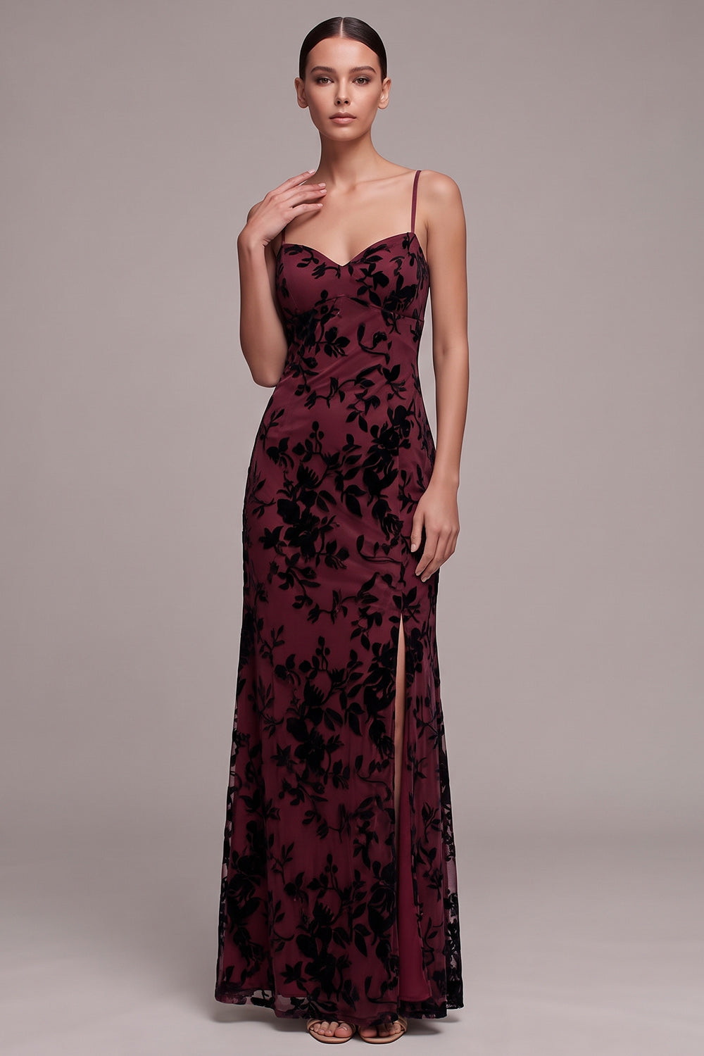 Coffee Sheath Spaghetti Straps Floral Long Holiday Party Dress with Slit