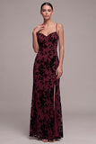 Coffee Sheath Spaghetti Straps Floral Long Holiday Party Dress with Slit