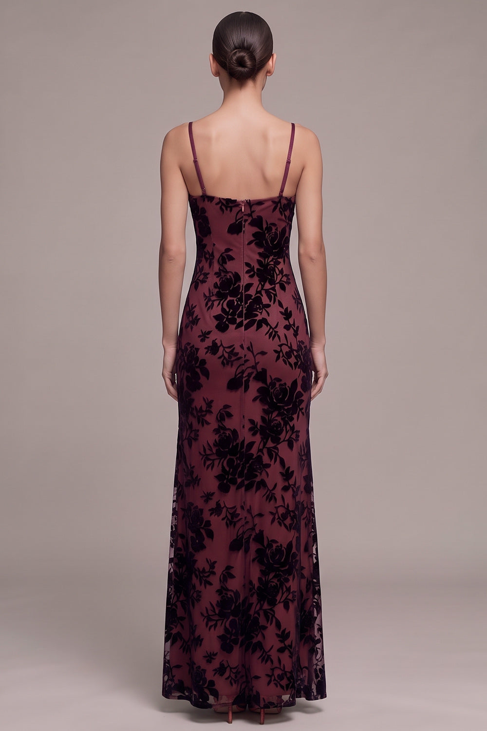 Coffee Sheath Spaghetti Straps Floral Long Holiday Party Dress with Slit