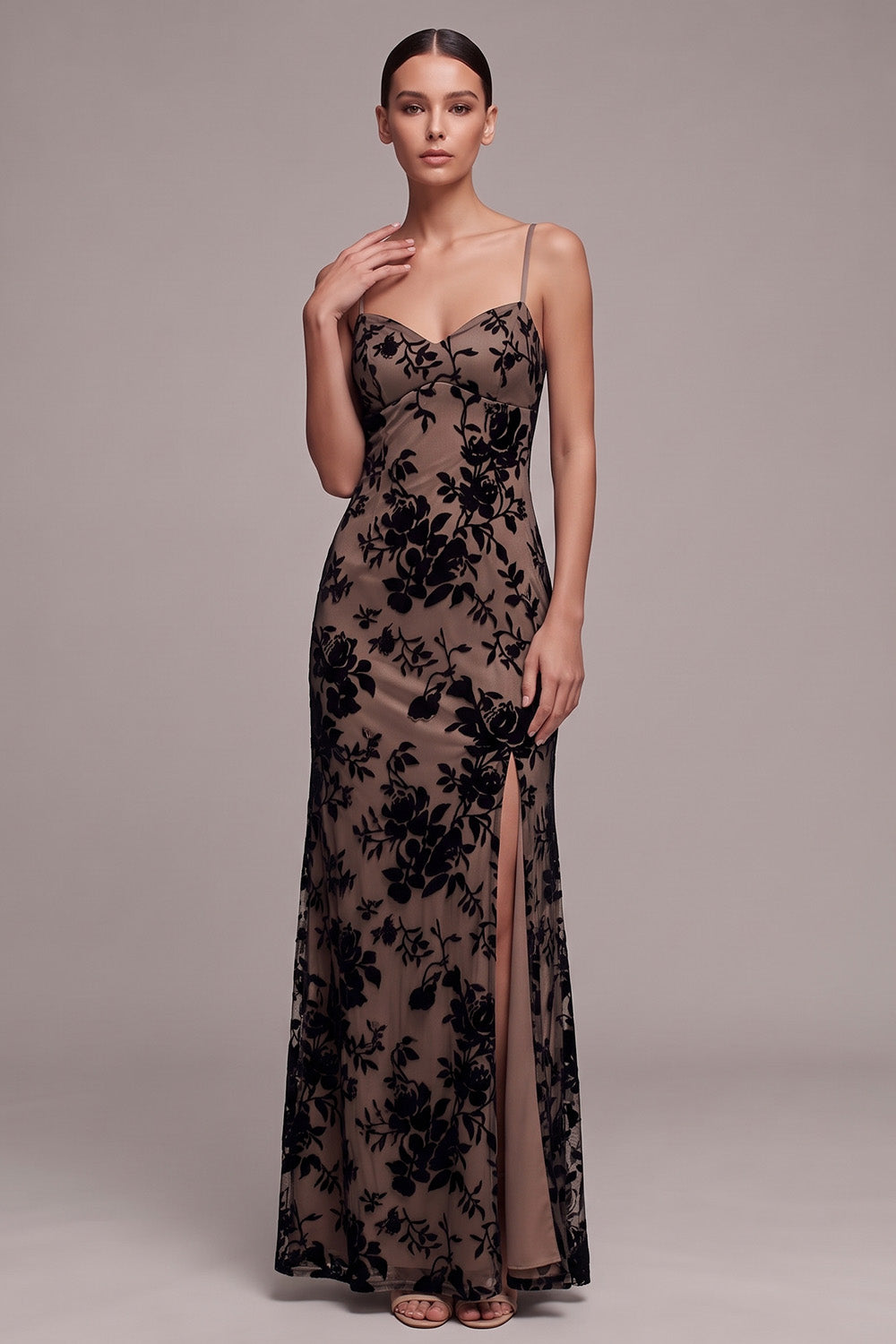 Coffee Sheath Spaghetti Straps Floral Long Holiday Party Dress with Slit