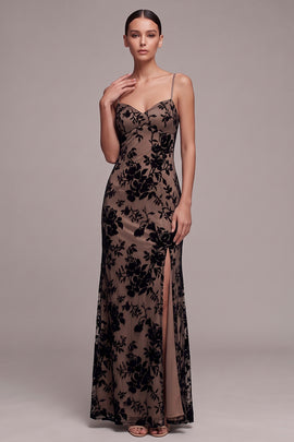 Coffee Sheath Spaghetti Straps Floral Long Holiday Party Dress with Slit