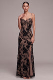 Coffee Sheath Spaghetti Straps Floral Long Holiday Party Dress with Slit
