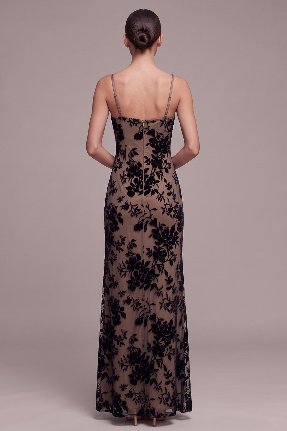 Coffee Sheath Spaghetti Straps Floral Long Holiday Party Dress with Slit