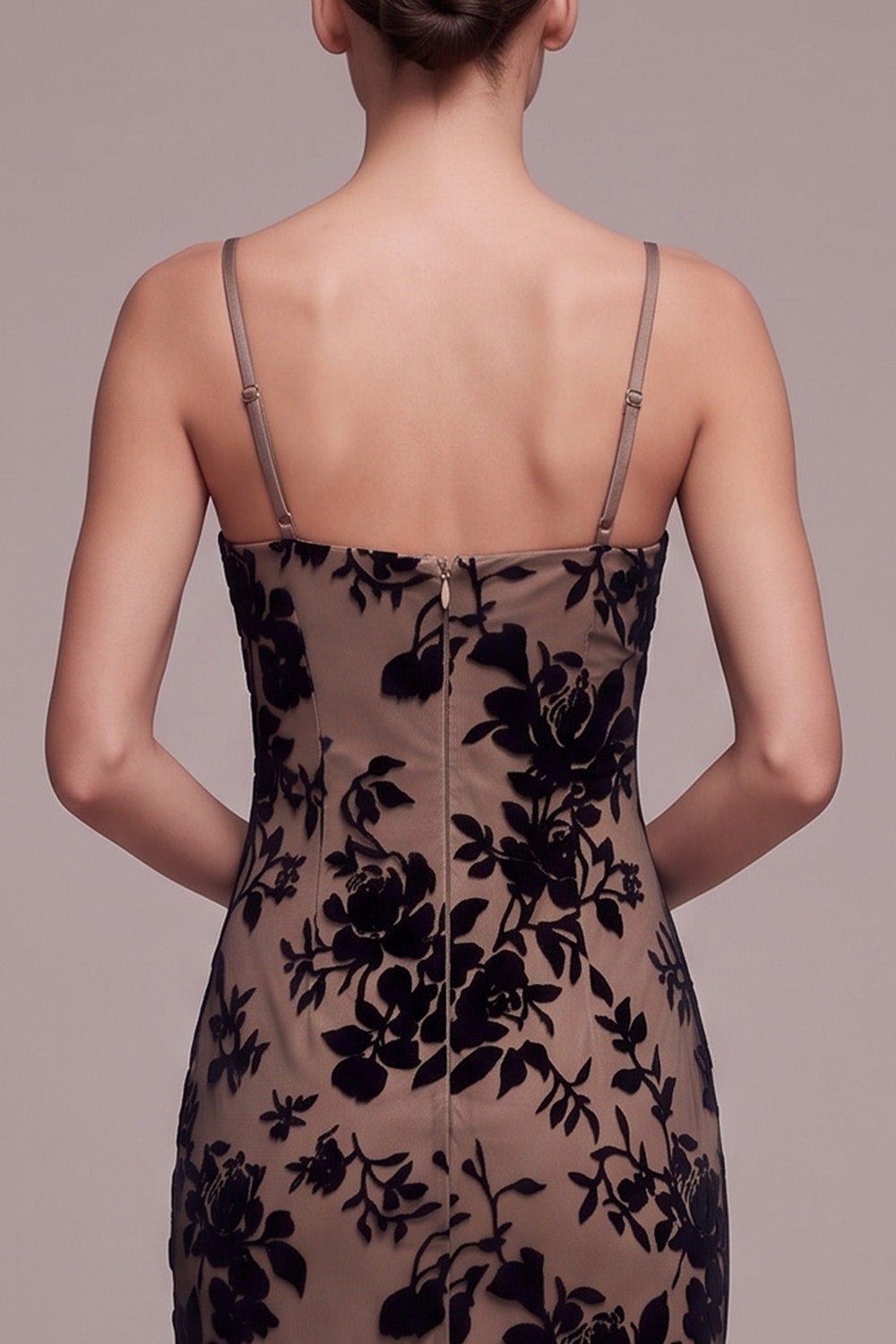Coffee Sheath Spaghetti Straps Floral Long Holiday Party Dress with Slit