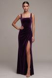 Plum Velvet Square Neck Ruched Long Holiday Party Dress with Slit