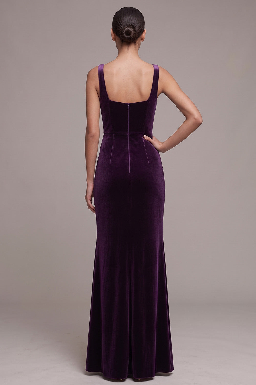 Plum Velvet Square Neck Ruched Long Holiday Party Dress with Slit