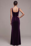 Plum Velvet Square Neck Ruched Long Holiday Party Dress with Slit
