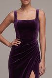 Plum Velvet Square Neck Ruched Long Holiday Party Dress with Slit
