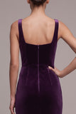 Plum Velvet Square Neck Ruched Long Holiday Party Dress with Slit