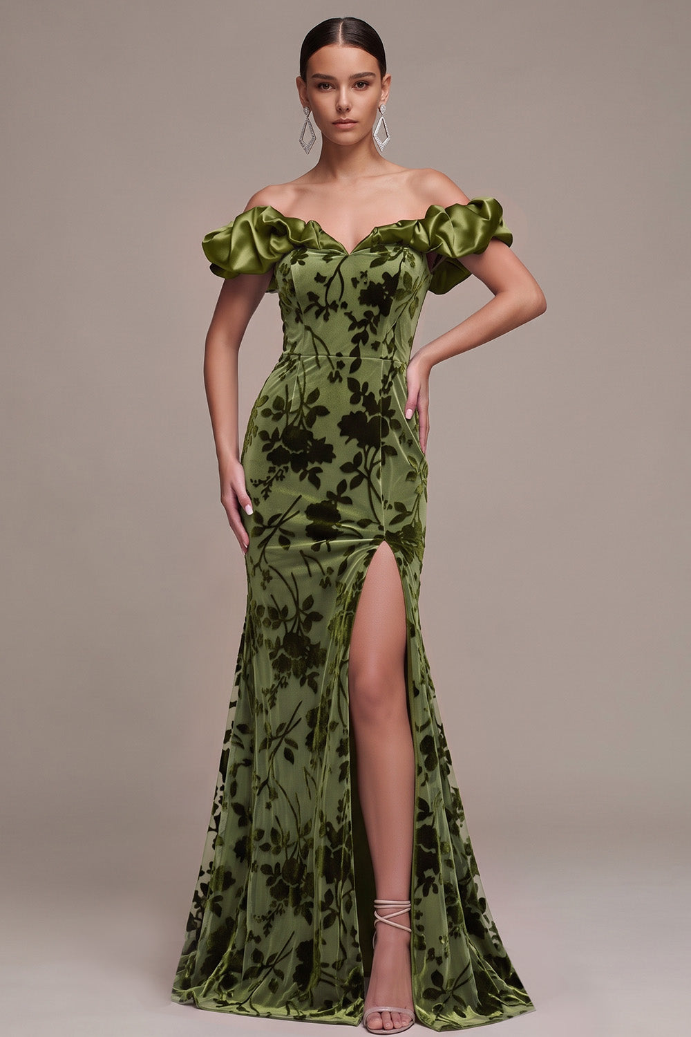 Olive Velvet Mermaid Floral Long Holiday Party Dress with Slit