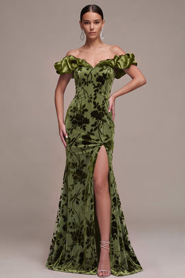 Olive Velvet Mermaid Floral Long Holiday Party Dress with Slit