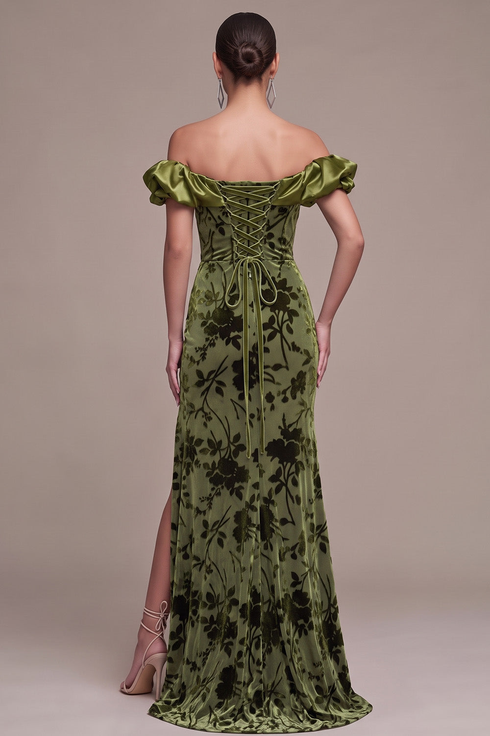 Olive Velvet Mermaid Floral Long Holiday Party Dress with Slit
