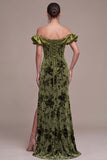 Olive Velvet Mermaid Floral Long Holiday Party Dress with Slit