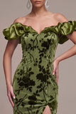 Olive Velvet Mermaid Floral Long Holiday Party Dress with Slit