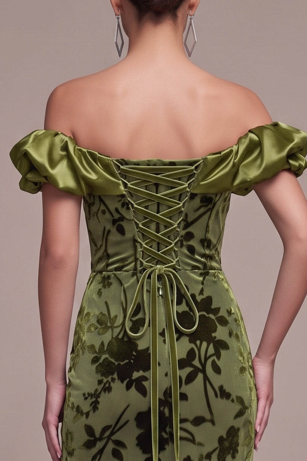 Olive Velvet Mermaid Floral Long Holiday Party Dress with Slit