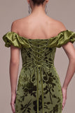Olive Velvet Mermaid Floral Long Holiday Party Dress with Slit