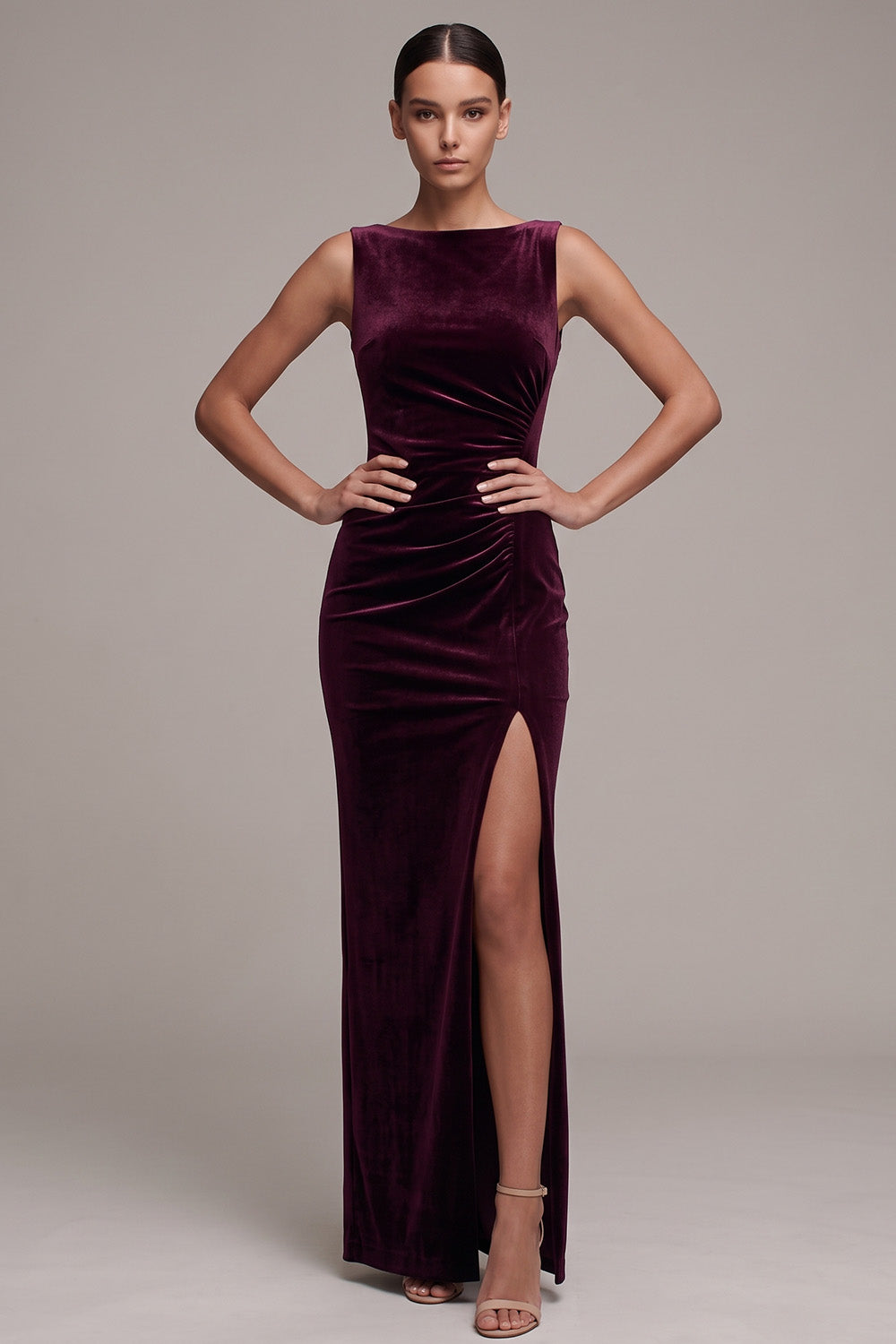 Cabernet Velvet Sheath Bateau Neck Ruched Maxi Holiday Party Dress with Slit