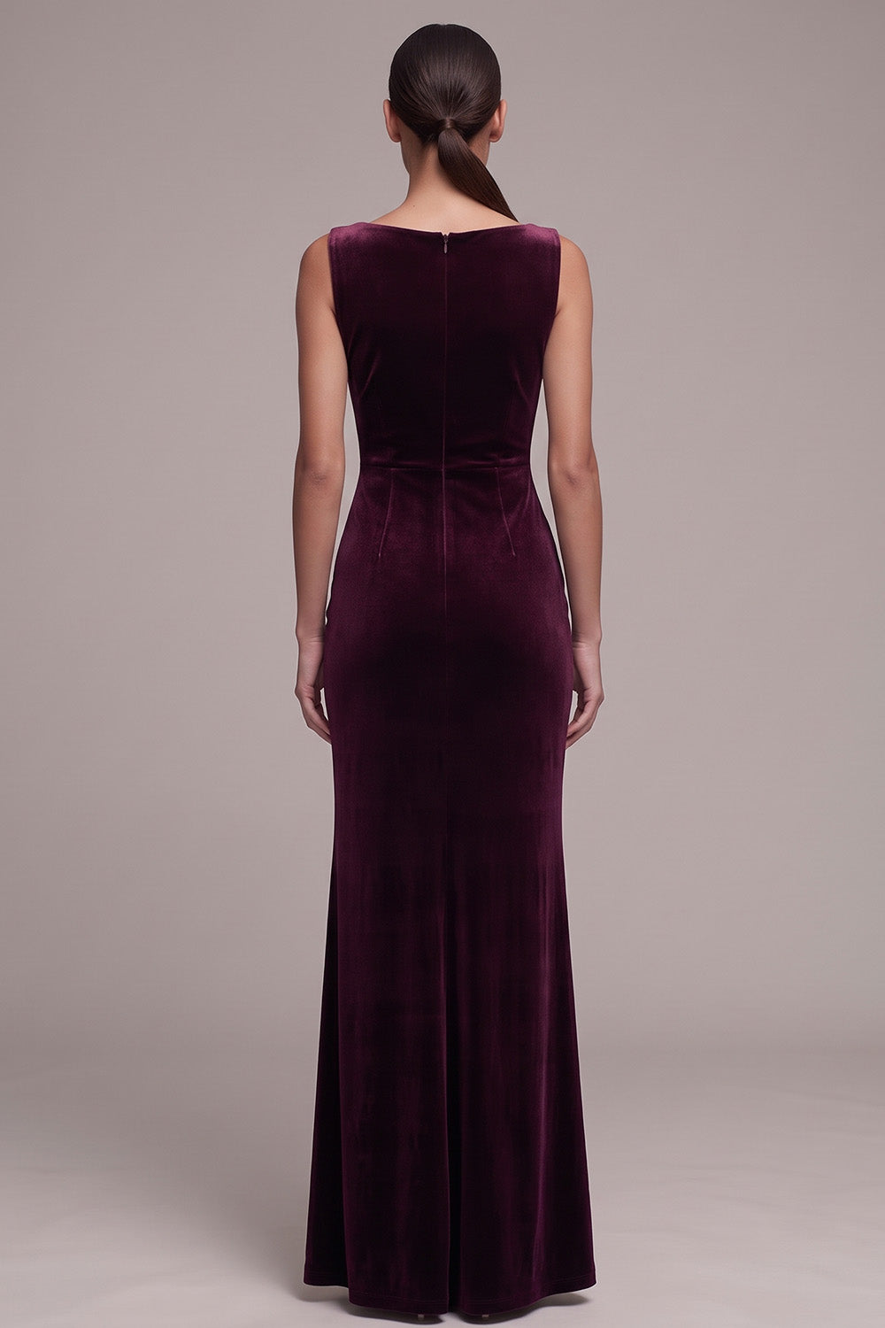 Cabernet Velvet Sheath Bateau Neck Ruched Maxi Holiday Party Dress with Slit