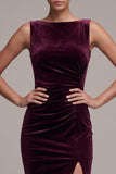 Cabernet Velvet Sheath Bateau Neck Ruched Maxi Holiday Party Dress with Slit
