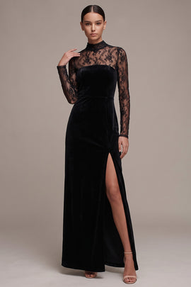 Black Velvet Sheath Keyhole Back Lace Long Sleeves Holiday Party Dress with Slit