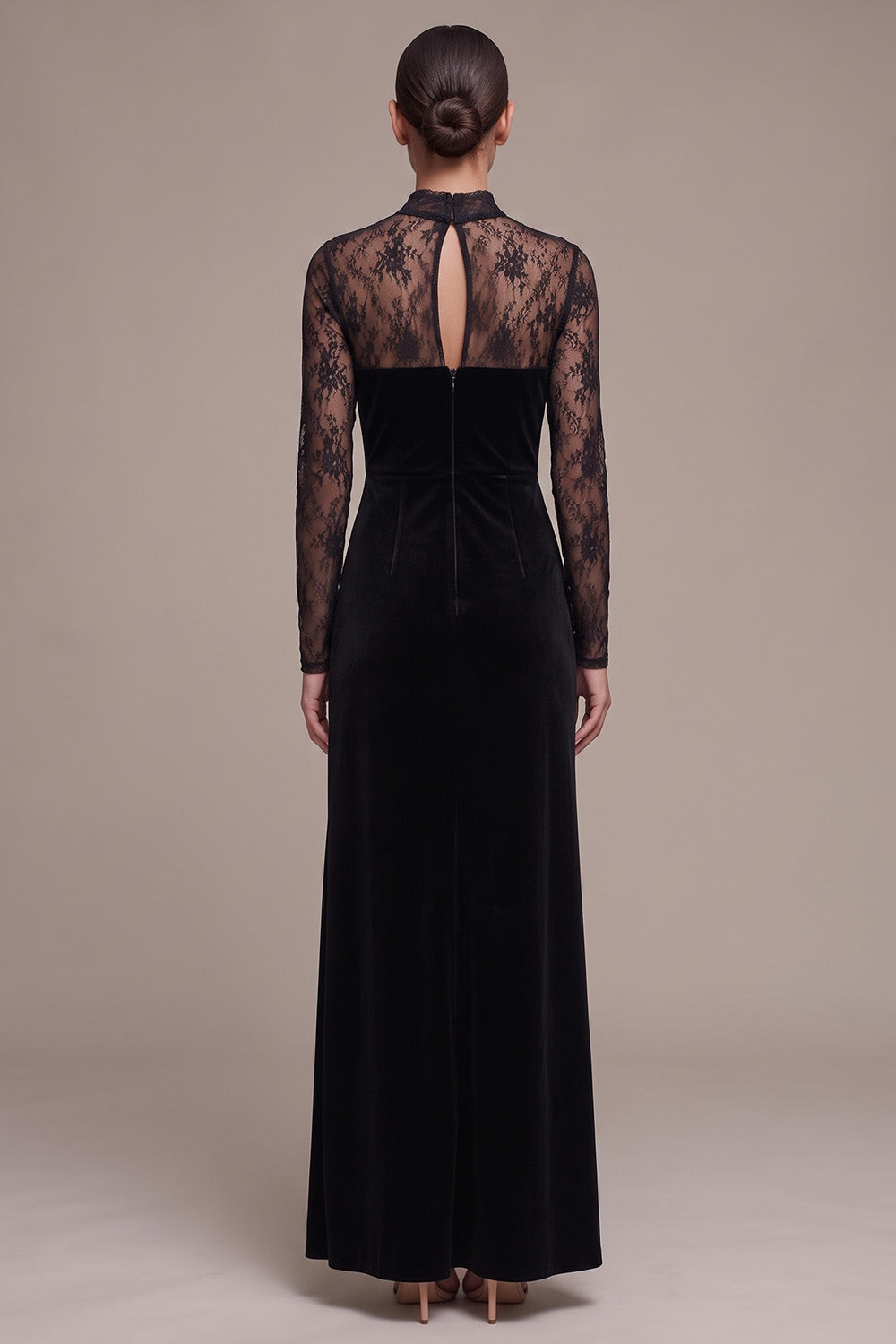 Black Velvet Sheath Keyhole Back Lace Long Sleeves Holiday Party Dress with Slit