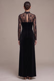 Black Velvet Sheath Keyhole Back Lace Long Sleeves Holiday Party Dress with Slit