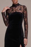 Black Velvet Sheath Keyhole Back Lace Long Sleeves Holiday Party Dress with Slit