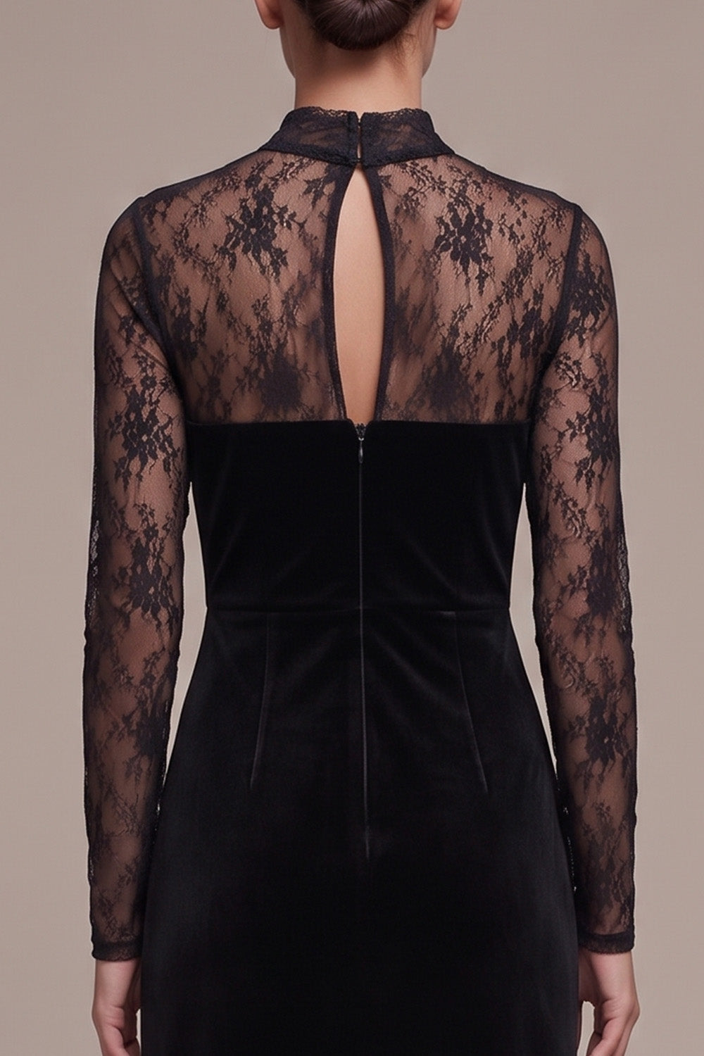 Black Velvet Sheath Keyhole Back Lace Long Sleeves Holiday Party Dress with Slit