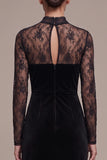 Black Velvet Sheath Keyhole Back Lace Long Sleeves Holiday Party Dress with Slit