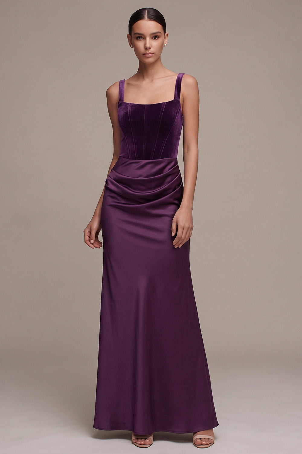Plum Corset Velvet Mermaid Draped Maxi Holiday Party Dress
