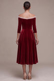 Burgundy A-Line Velvet 3/4 Sleeves Ruffled Midi Holiday Party Dress with Covered Buttons