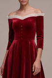 Burgundy A-Line Velvet 3/4 Sleeves Ruffled Midi Holiday Party Dress with Covered Buttons