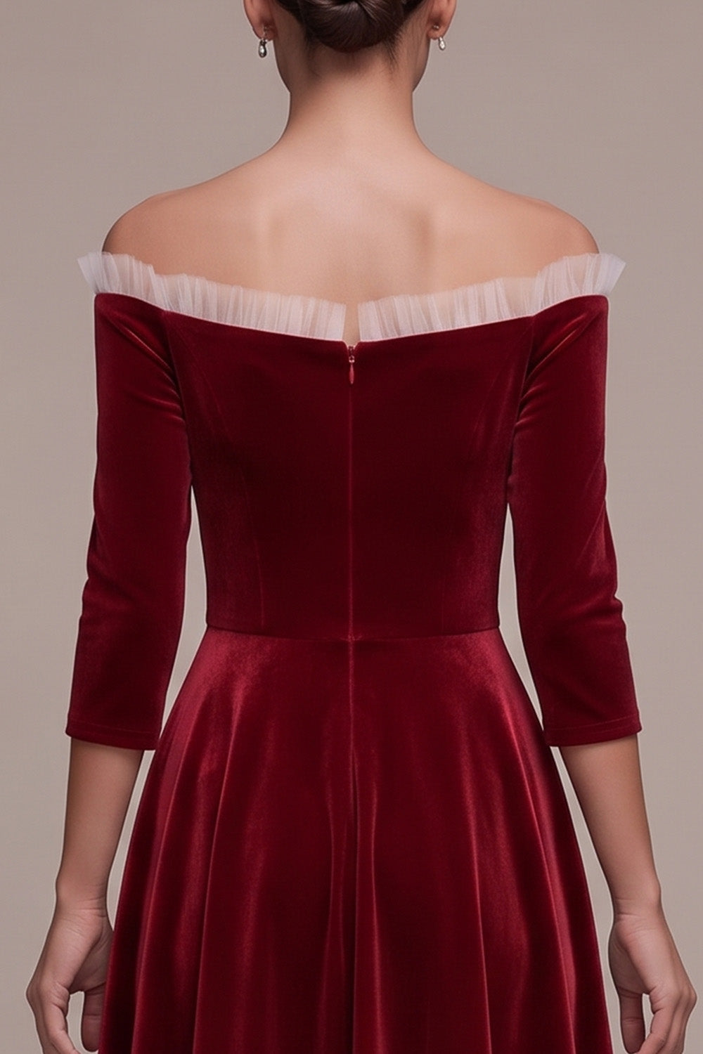 Burgundy A-Line Velvet 3/4 Sleeves Ruffled Midi Holiday Party Dress with Covered Buttons
