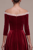 Burgundy A-Line Velvet 3/4 Sleeves Ruffled Midi Holiday Party Dress with Covered Buttons