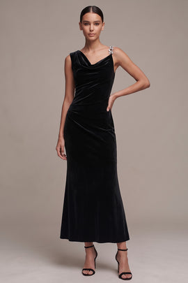 Black Velvet Asymmetrical Neck Ruched Maxi Holiday Party Dress with Rhinestone