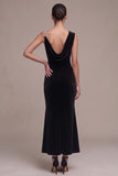 Black Velvet Asymmetrical Neck Ruched Maxi Holiday Party Dress with Rhinestone